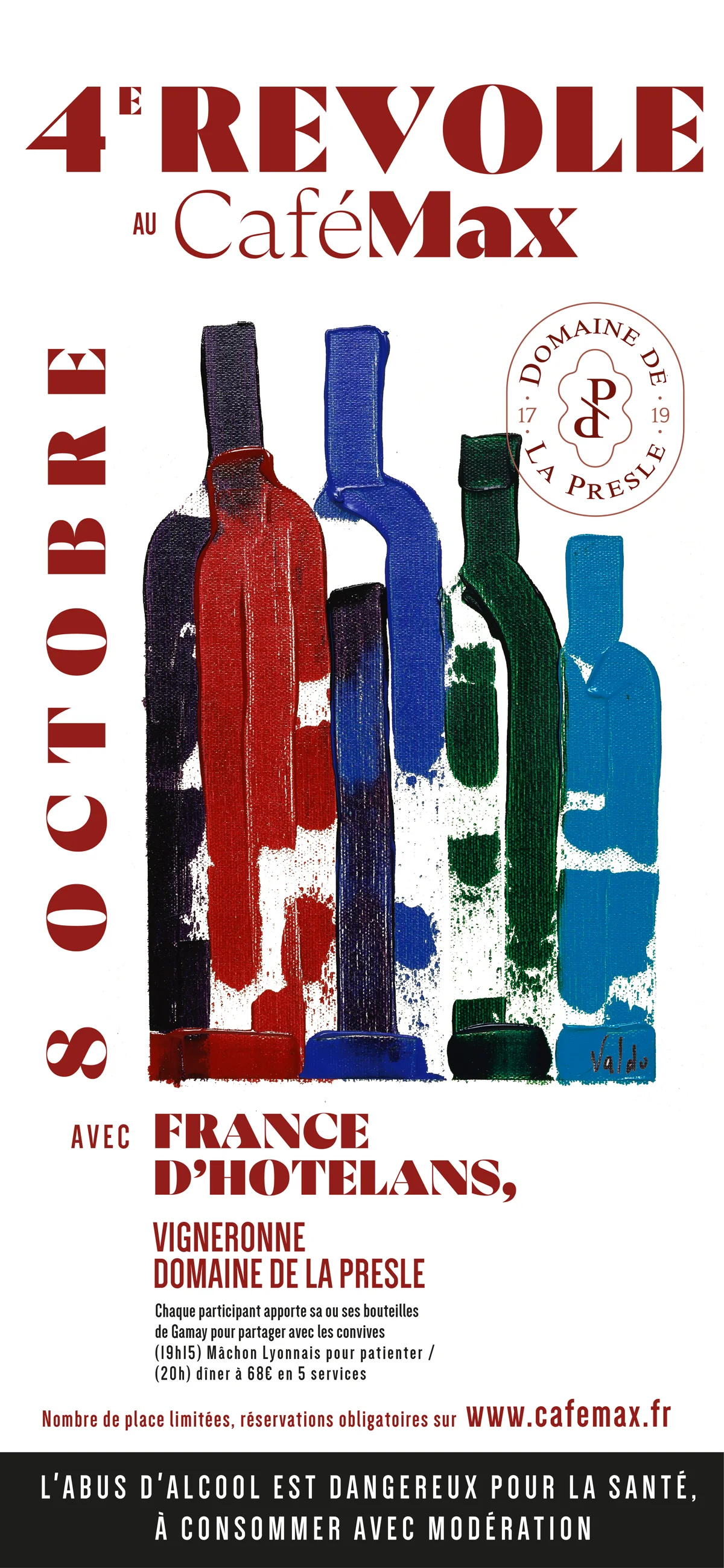 Affiche de la 4e Révole au Café Max le 8 octobre, bouteilles peintes et cachet du Domaine de la Presle