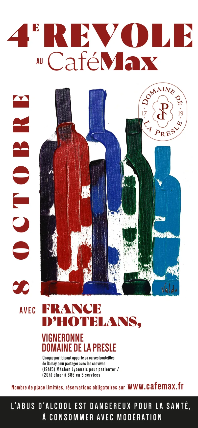 Affiche de la 4e Révole au Café Max, jeudi 8 octobre, avec France d'Hotelans, vigneronne du Domaine de la Presle